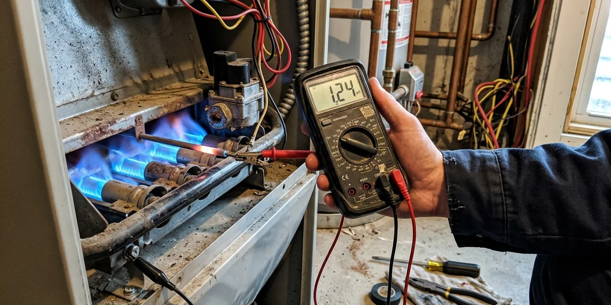 Technician measuring flame rectification current on a gas furnace with a microamp multimeter
