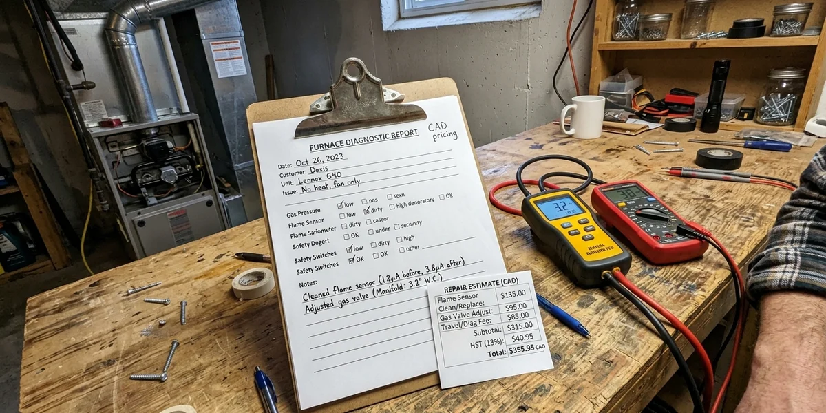 Written furnace diagnostic report with CAD pricing beside a digital manometer and multimeter