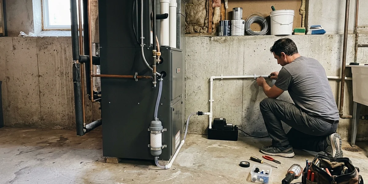Condensate drain and neutraliser fitted beneath a newly installed condensing furnace