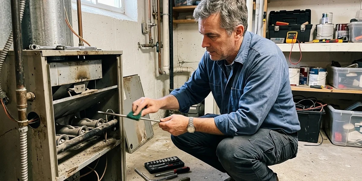 Flame sensor rod being cleaned and tested during an ignition repair