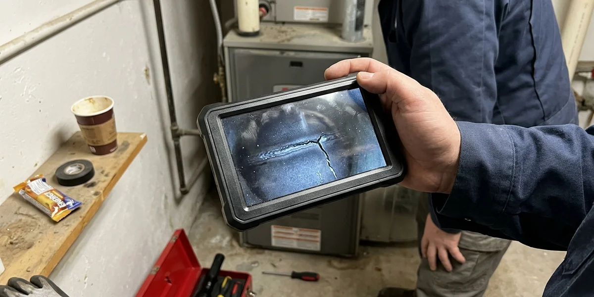Camera monitor showing a stress crack inside a furnace heat exchanger
