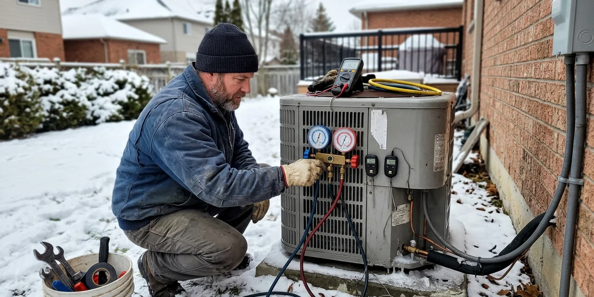 Refrigeration gauges connected to a heat pump during a winter diagnostic