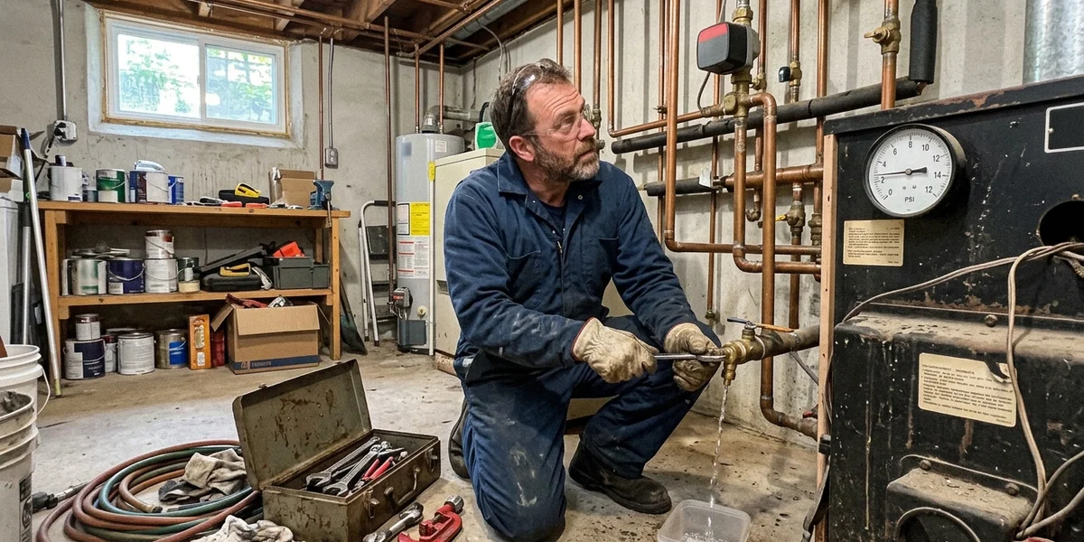 Technician bleeding air from a hydronic zone and checking system pressure on a cast-iron boiler