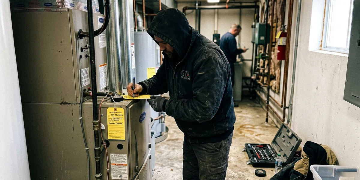 Technician completing a dated maintenance service tag on a furnace cabinet