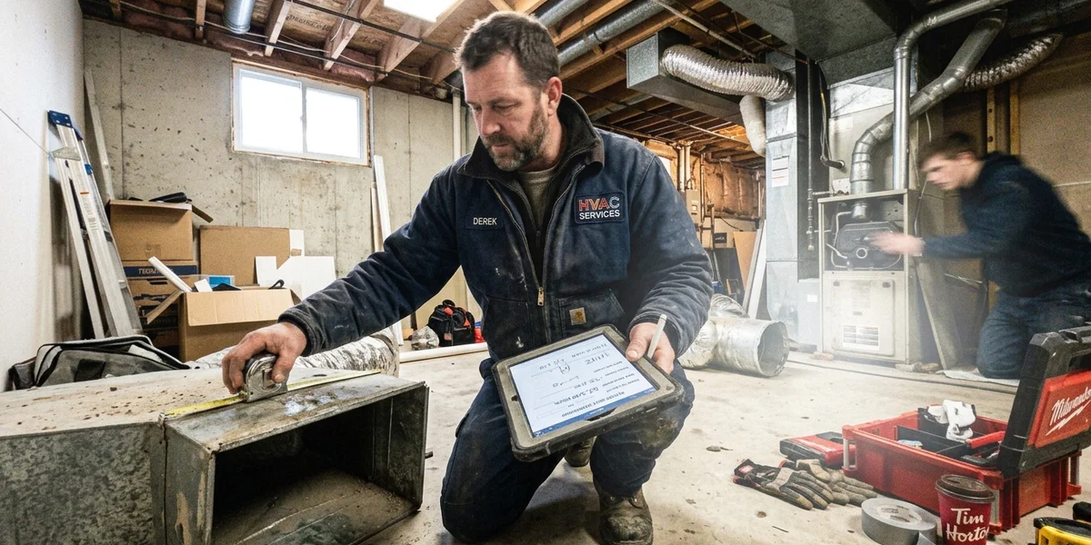 Technician recording a heat-loss calculation beside exposed ductwork before installing a new furnace