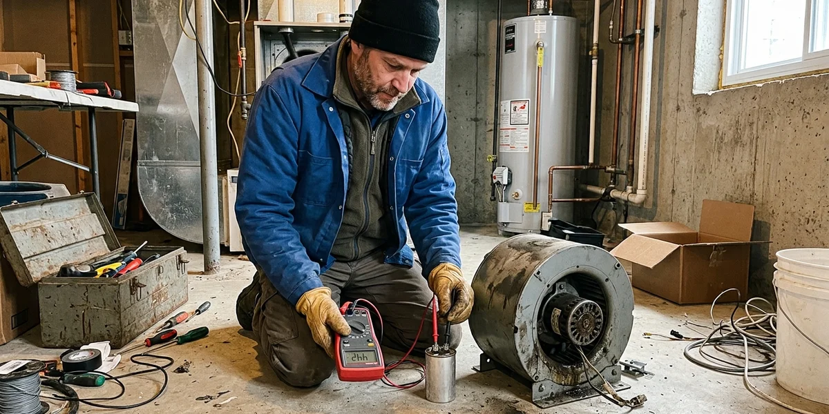 Technician measuring run capacitor microfarads beside a removed blower motor