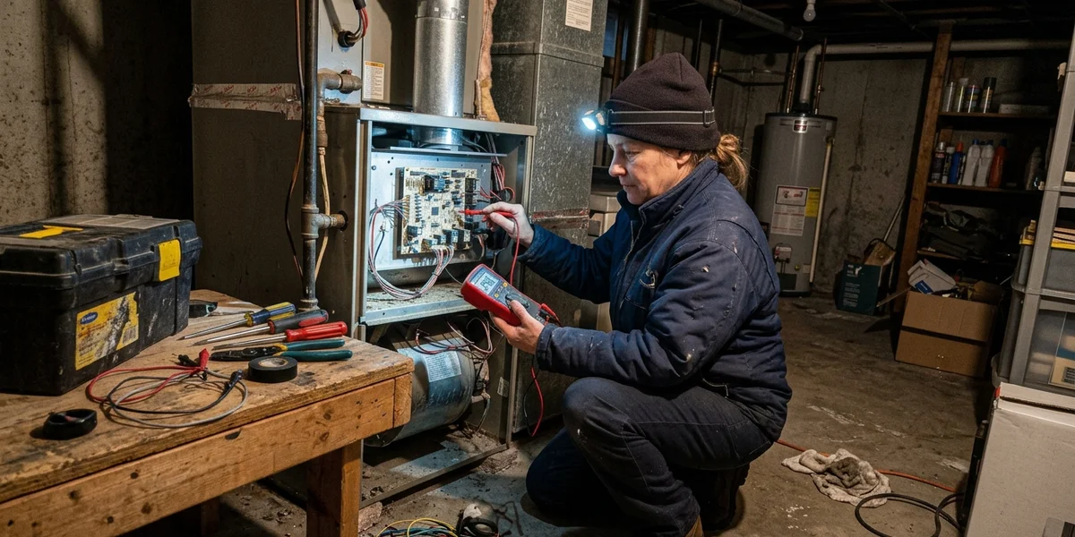 Technician diagnosing a furnace ignition control board at night with a headlamp and multimeter