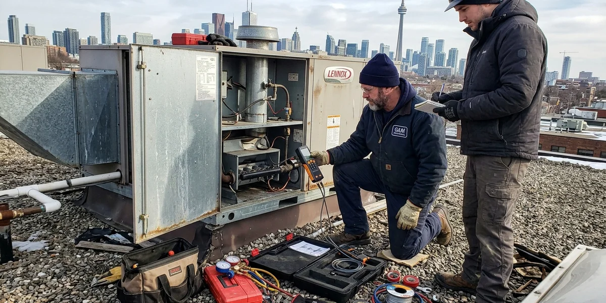 Technicians taking readings on a commercial rooftop unit with the heating section access panel open