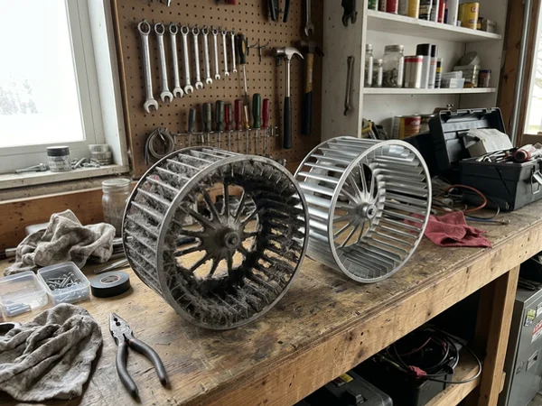 Dust-loaded blower wheel beside a cleaned wheel