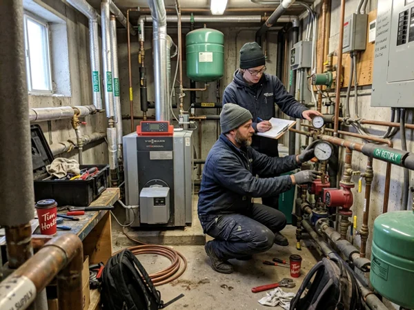 Commercial boiler room being serviced by two technicians