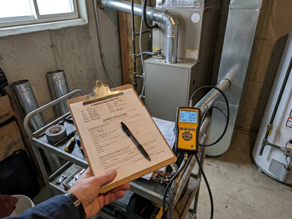 Commissioning paperwork and rebate forms beside a combustion analyzer