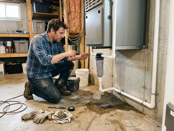 Condensate drain and neutraliser fitted under a condensing furnace