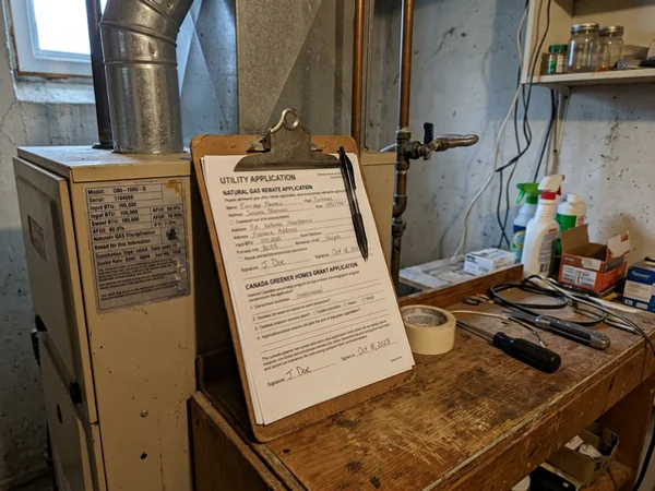 Rebate application forms beside an ENERGY STAR furnace data plate