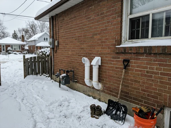 Exterior PVC intake and exhaust vent terminations on a Toronto home