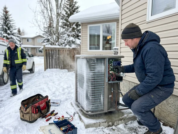 Outdoor heat pump coil during a defrost cycle being observed by a technician