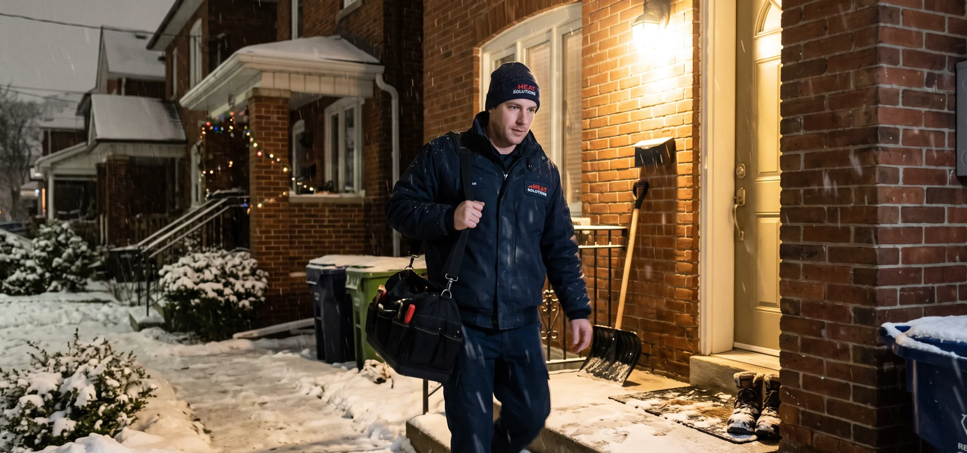 TSSA-licensed technician arriving at a Toronto home at night for an emergency no-heat furnace call