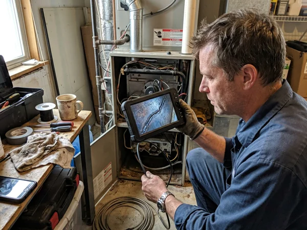 Camera monitor showing a stress crack inside a heat exchanger