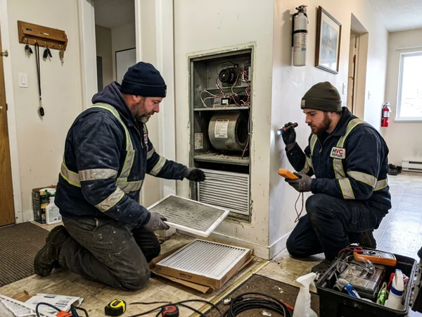 Magic-Pak package heating unit being serviced in an apartment