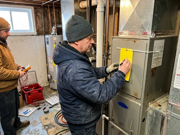 Service tag being completed and attached to a furnace cabinet