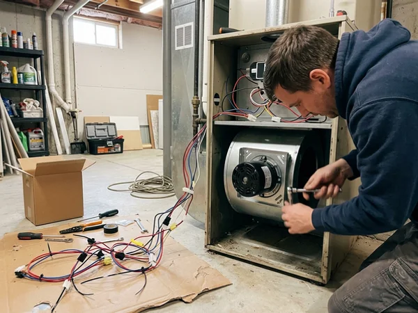 New ECM blower motor being fitted into a furnace housing