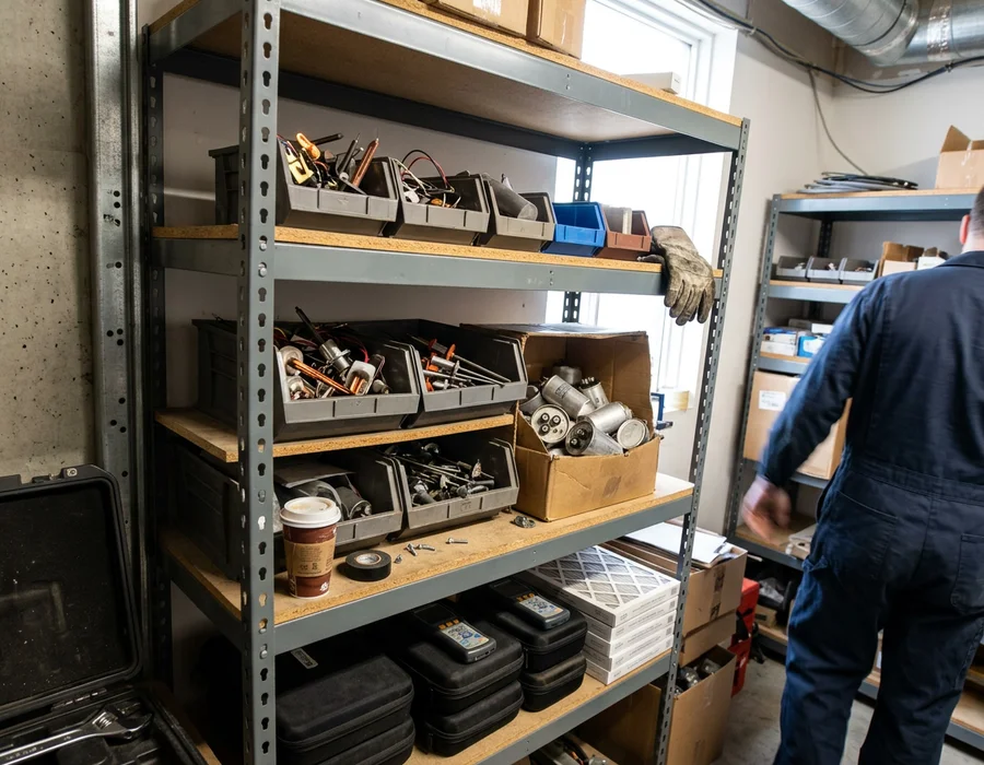 Shelves of furnace parts including ignitors, flame sensors and capacitors in a Toronto service shop