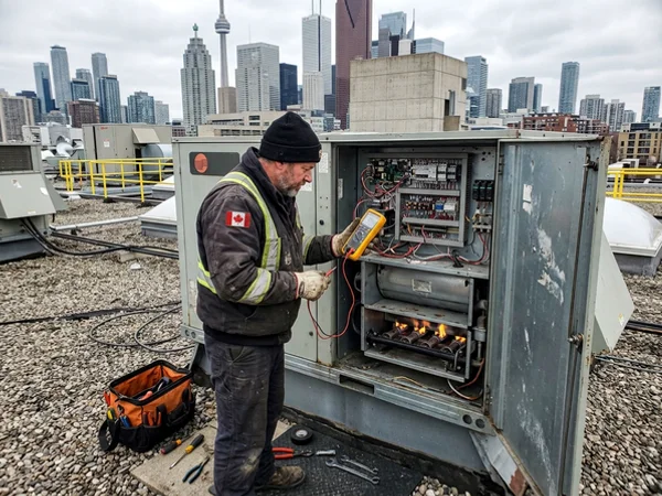 Rooftop unit with access panel open during a heating diagnostic