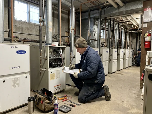 Multiple furnaces being serviced in a multi-unit building mechanical room