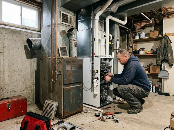Old mid-efficiency unit beside a new condensing furnace during conversion