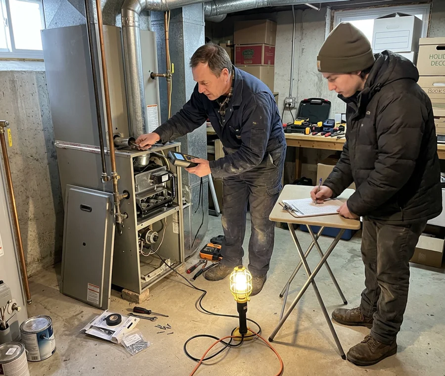 Technician reading a combustion analyzer at an open furnace cabinet while a colleague records the numbers