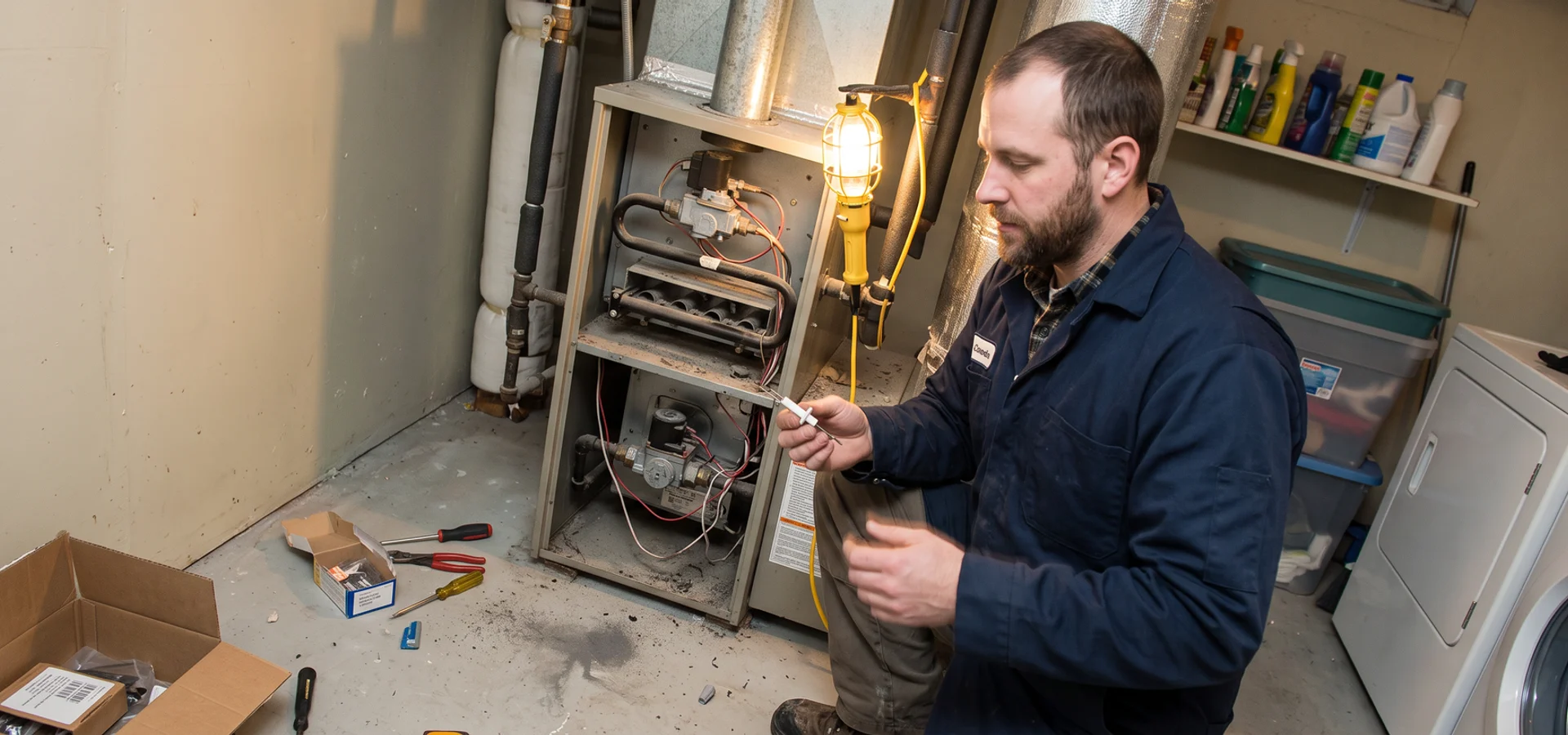 Technician holding a hot surface ignitor beside an open furnace burner compartment