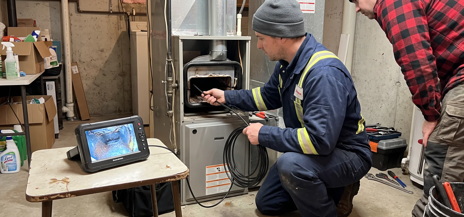 Technician performing a heat exchanger camera inspection on a furnace in Toronto