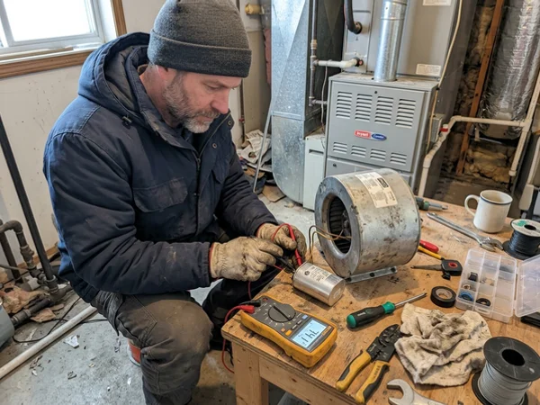 Run capacitor being measured beside a removed PSC blower motor