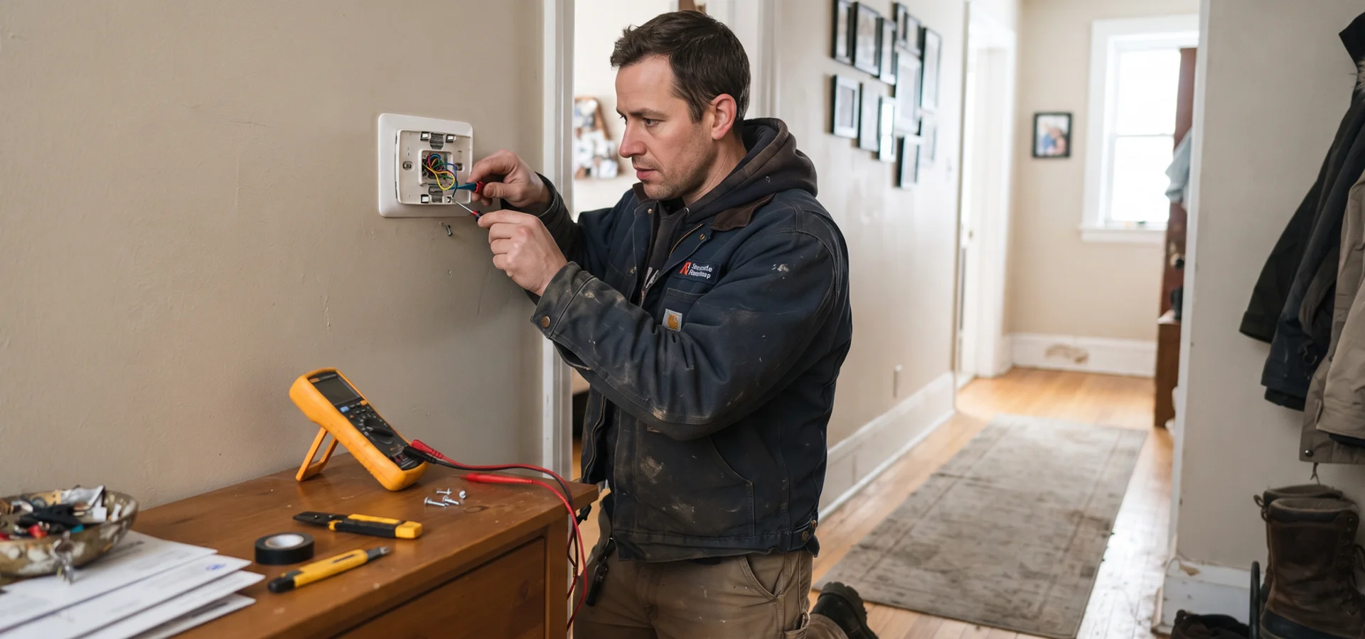Technician installing a smart thermostat on a hallway wall in a Toronto home