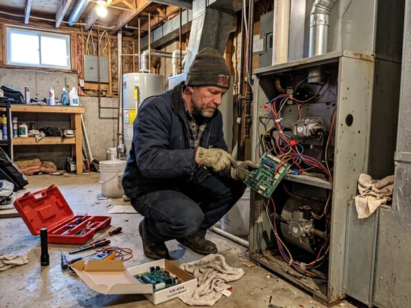 Integrated furnace control board being removed for replacement