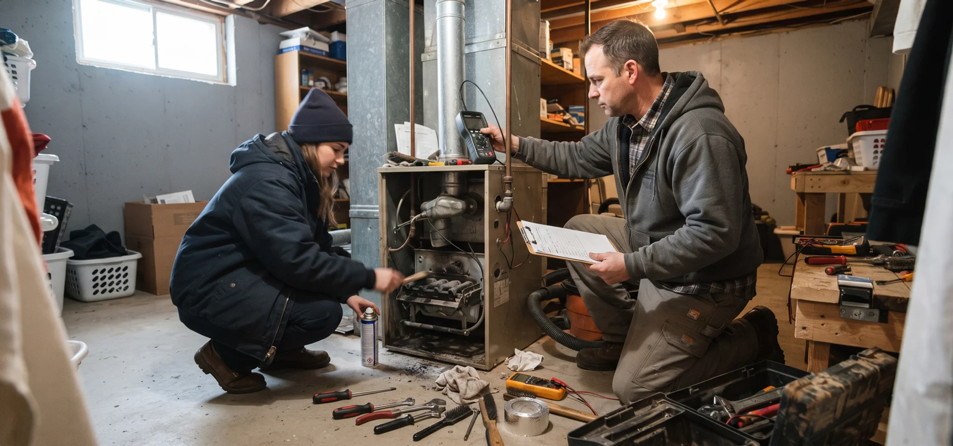 Technician performing a 12-point furnace tune-up with a combustion analyzer in a Toronto basement