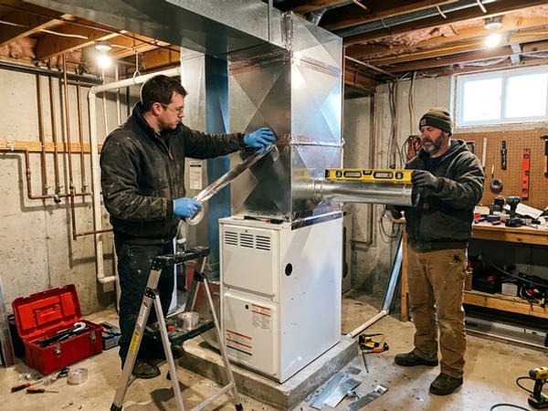 Plenum transition being sealed above a new furnace