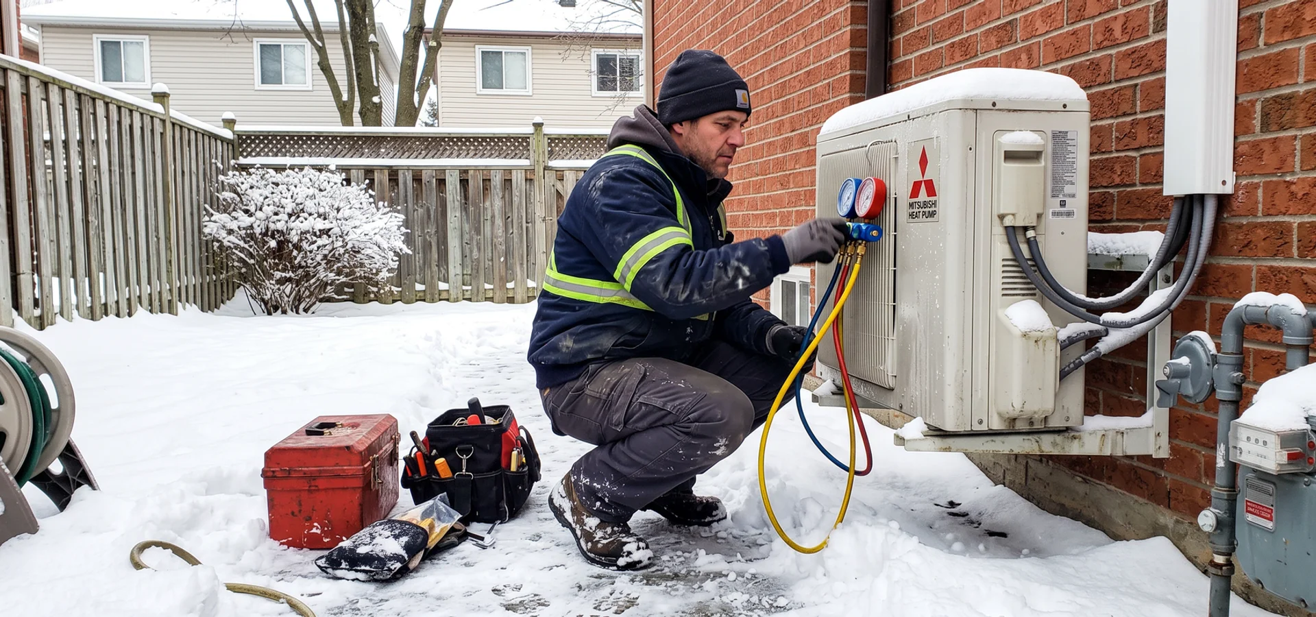 Technician servicing a cold-climate air-source heat pump outdoor unit at a Toronto home in winter