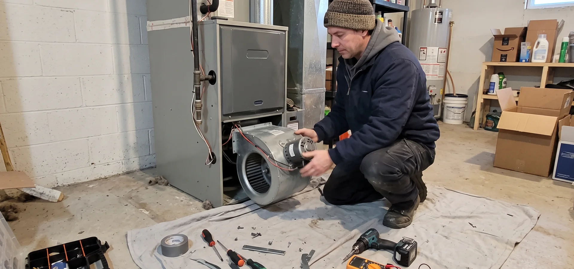 Technician removing a furnace blower assembly for motor replacement in a Toronto basement