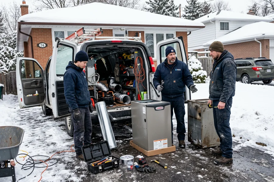 Furnace technicians in branded winter jackets unloading a high-efficiency furnace from a service van