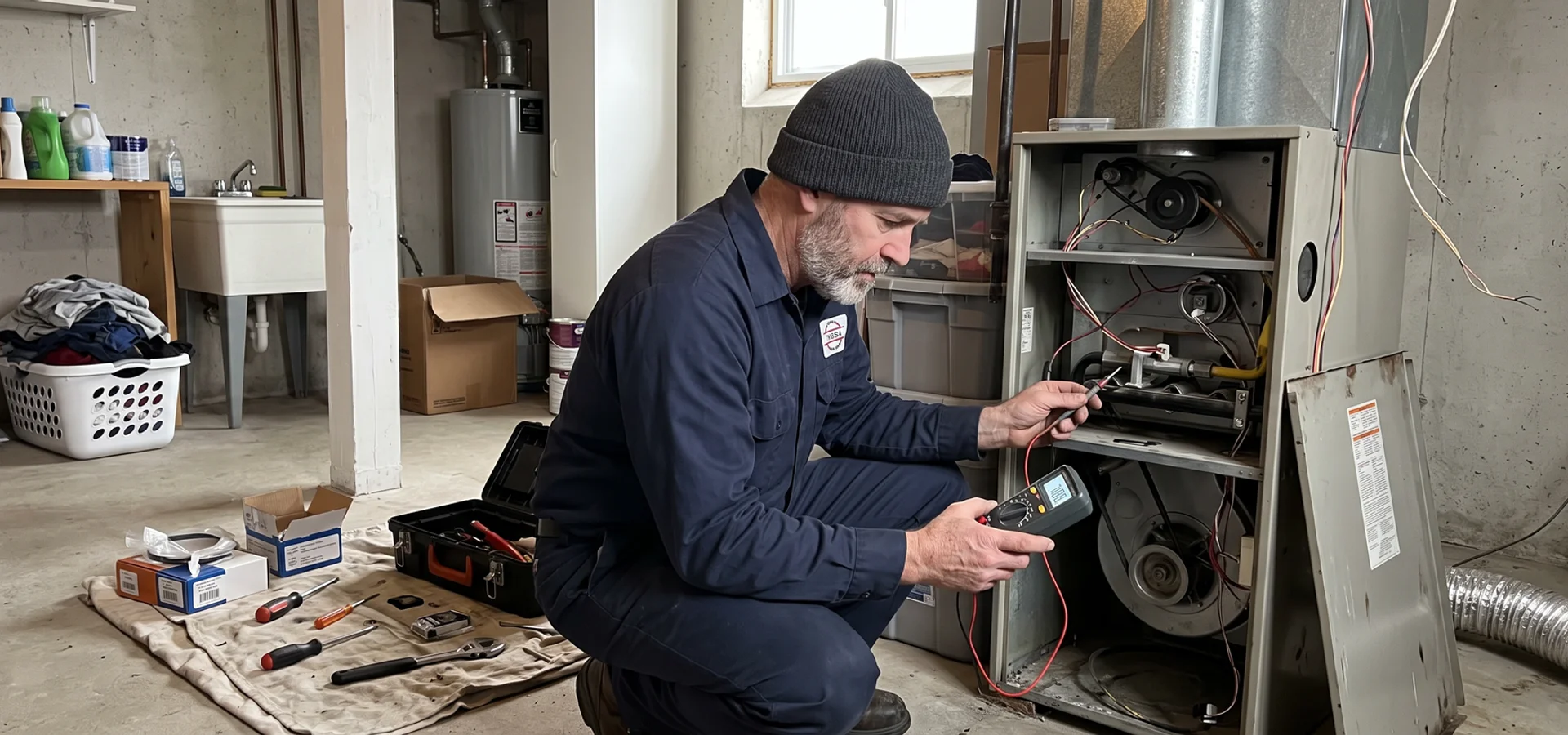 Technician testing a gas furnace flame sensor with a microamp meter in a Toronto basement