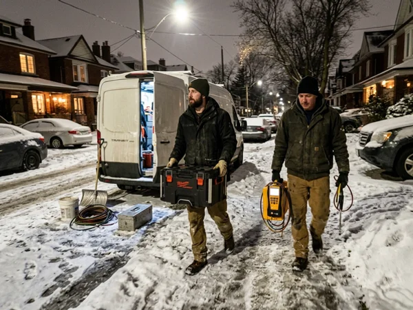 Two technicians unloading equipment from a service van on a snowy street