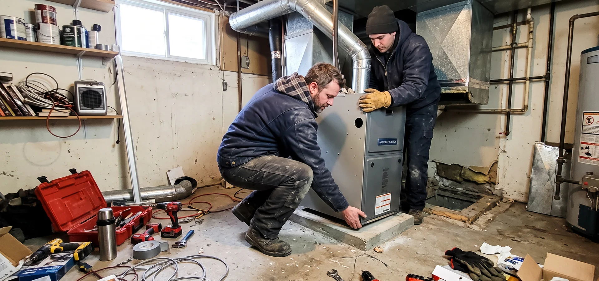 Technicians installing a new high-efficiency gas furnace in a Toronto basement