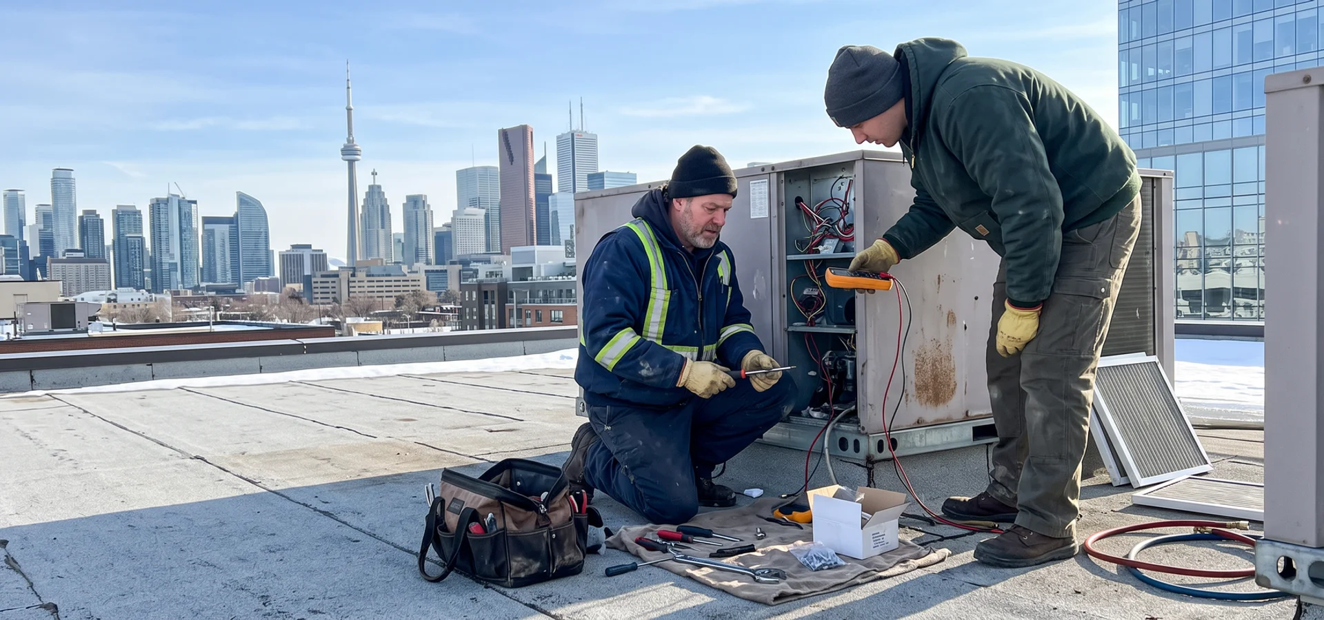 Technicians servicing a commercial rooftop heating unit on a flat roof in Toronto