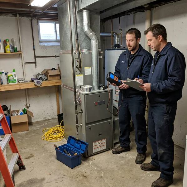 Best Furnace Repair Toronto technicians in a basement mechanical room with a combustion analyzer